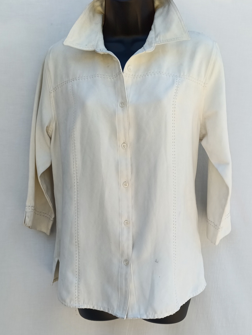 Upcycled Suede Northern Reflections Cream Button-Front Collared Shirt W Back Art